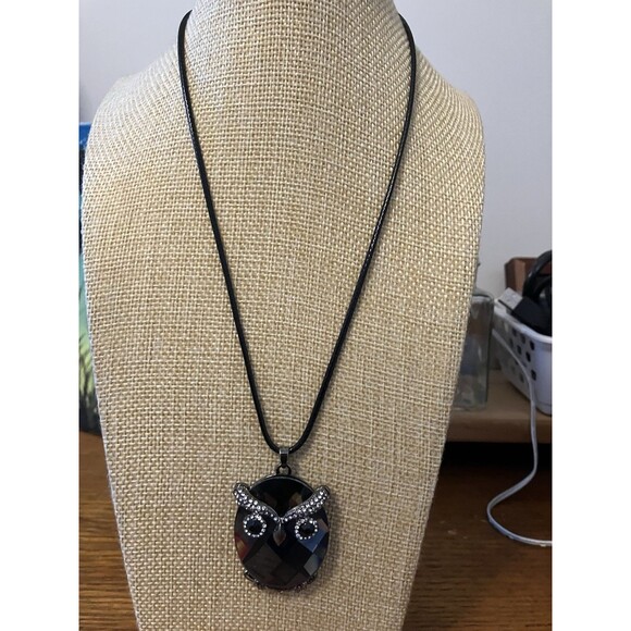 Owl Pendant Necklace Glass with Rhinestones on Black Cord 16”-18"  Handmade - Picture 2 of 3
